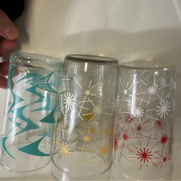 3 Vintage 50s 60s atomic drink glass Starburst Boomerang Teal Red Yellow MCM - Picture 8 of 16